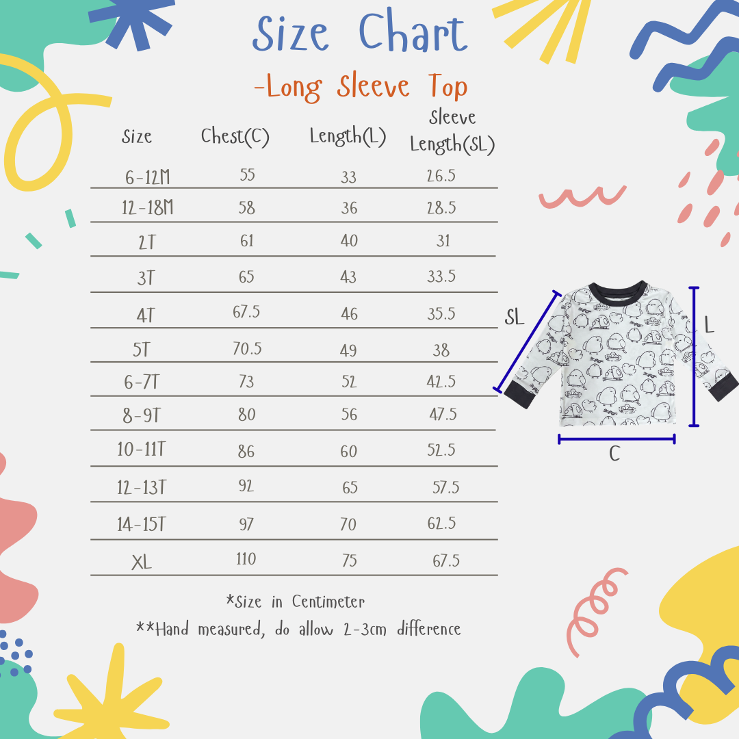 size chart for long sleeve sleepwear cuteboid