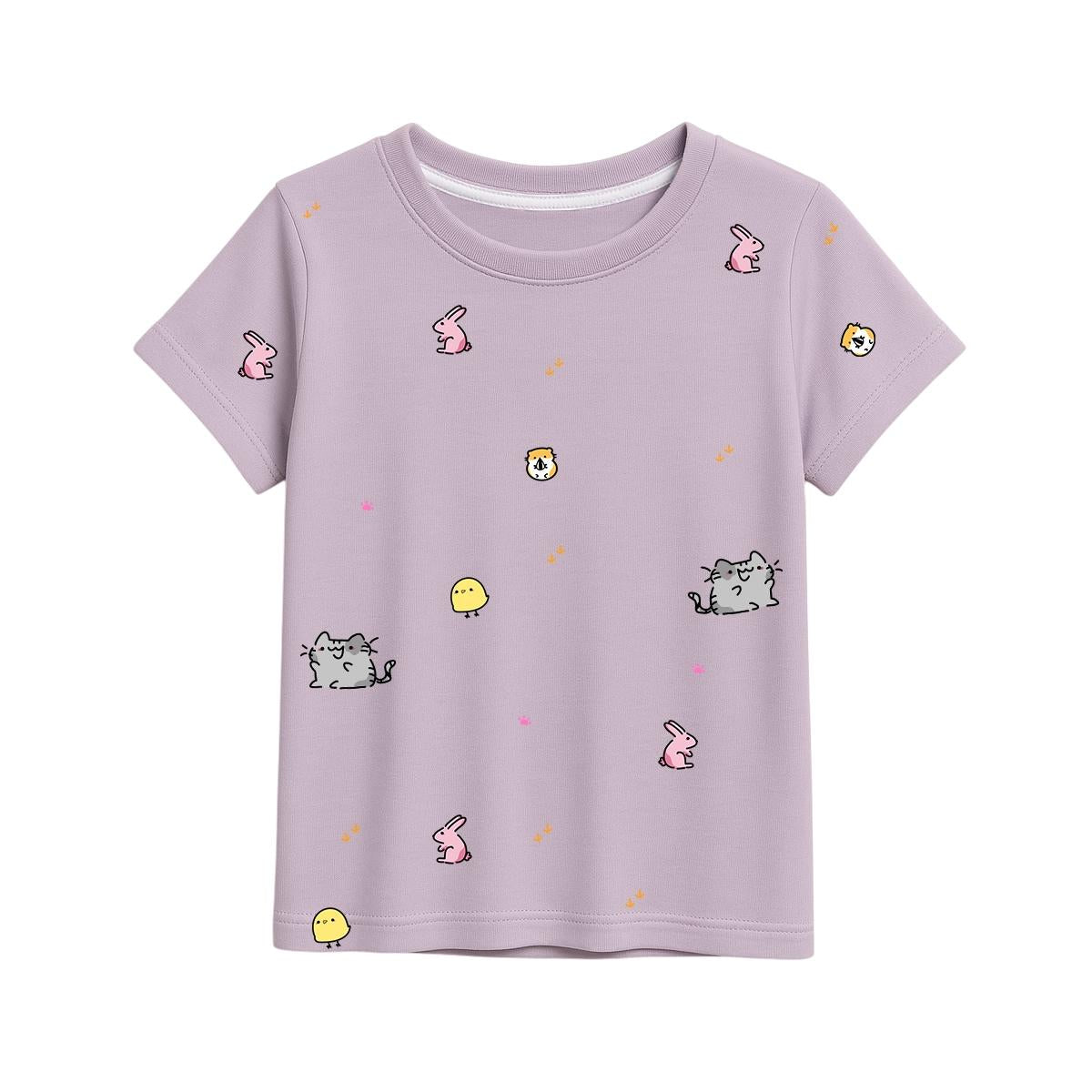 Eco-friendly bamboo toddler t-shirts in lilac colour with rabbit, cat, hamster and chick design, soft and cooling short sleeve tops