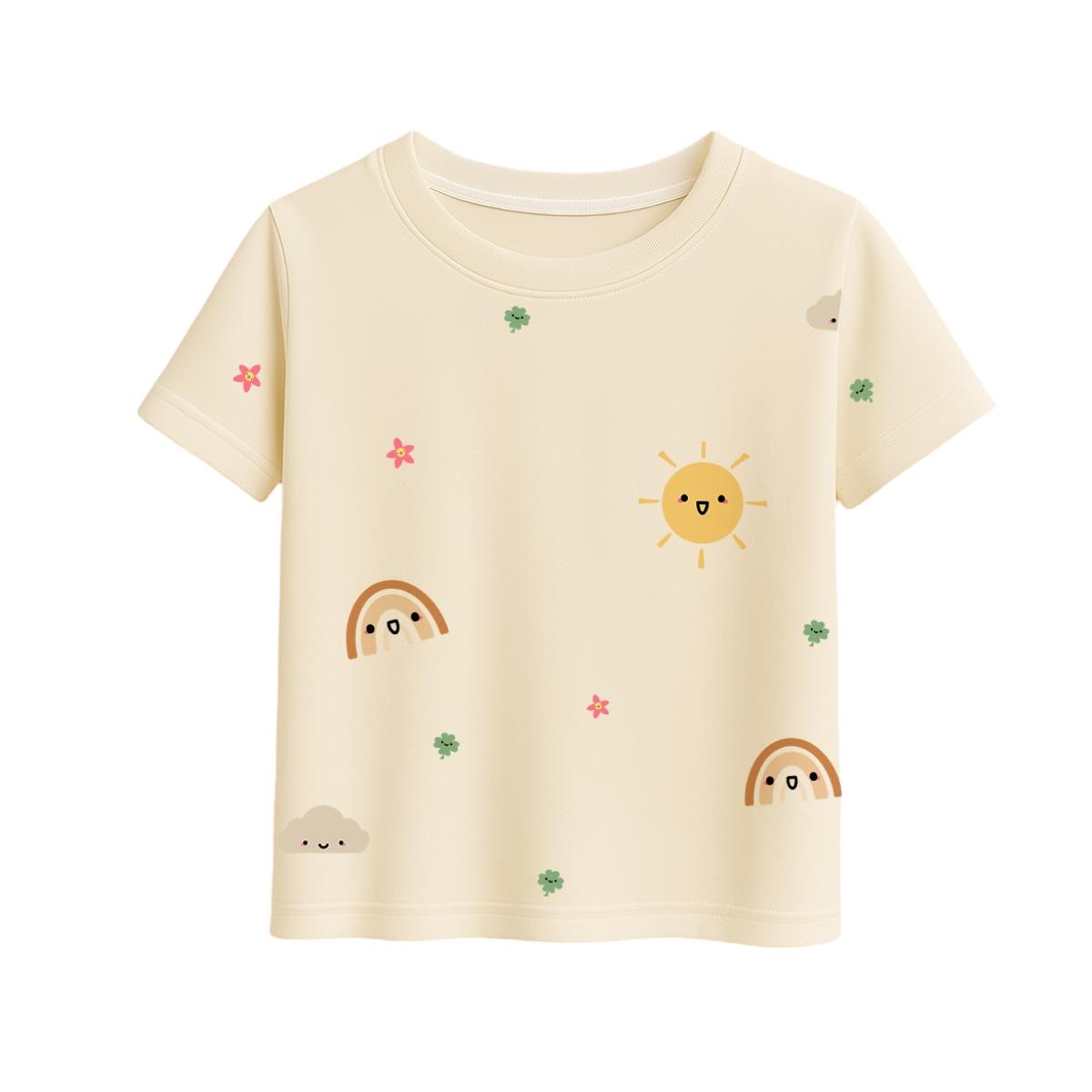 Eco-friendly bamboo toddler t-shirts in cream and sunshine design, soft and cooling short sleeve tops