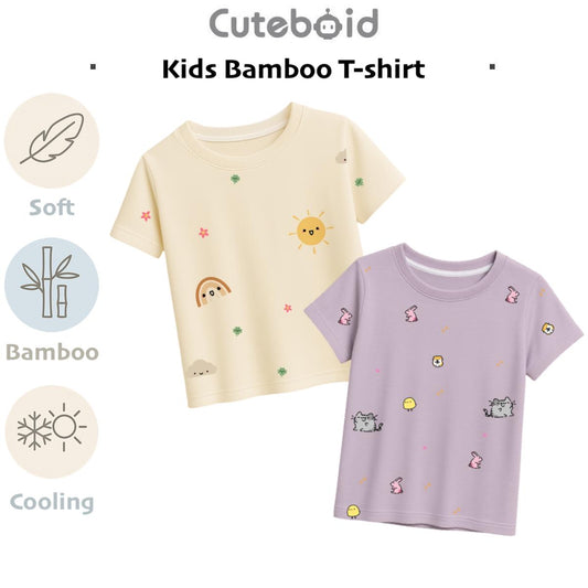Kids bamboo t-shirts with cute sunshine and animal prints, breathable summer wear for toddlers, baby and big children