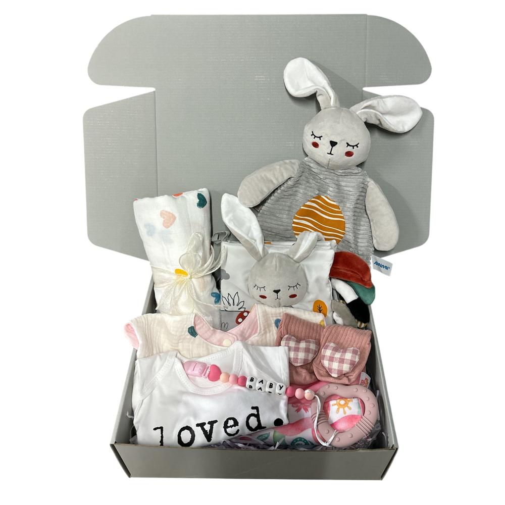 Happy Hearts Baby Shower Gift Set with Personalised Name Pacifier Strap