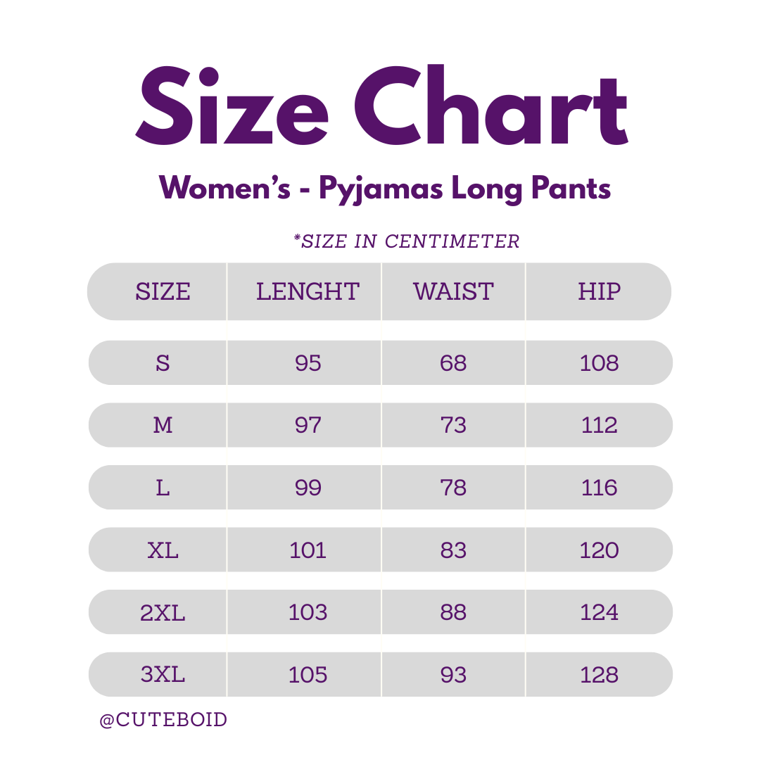 size chart for Cuteboid women pyjamas long pants