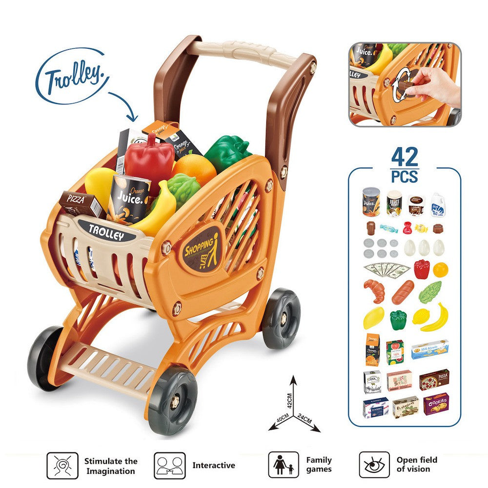 Children Pretend Play Trolley Toy Push Cart with 42Pcs Accessories