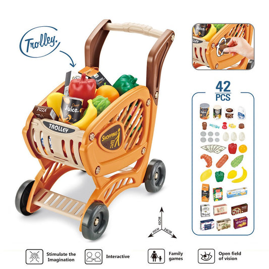 Children Pretend Play Trolley Toy Push Cart with 42Pcs Accessories