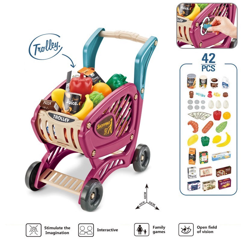Children Pretend Play Trolley Toy Push Cart with 42Pcs Accessories