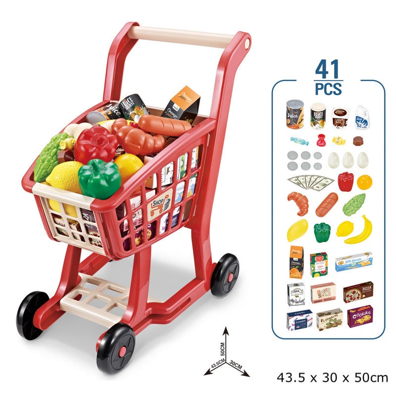 Children Pretend Play Trolley Toy Push Cart with 42Pcs Accessories