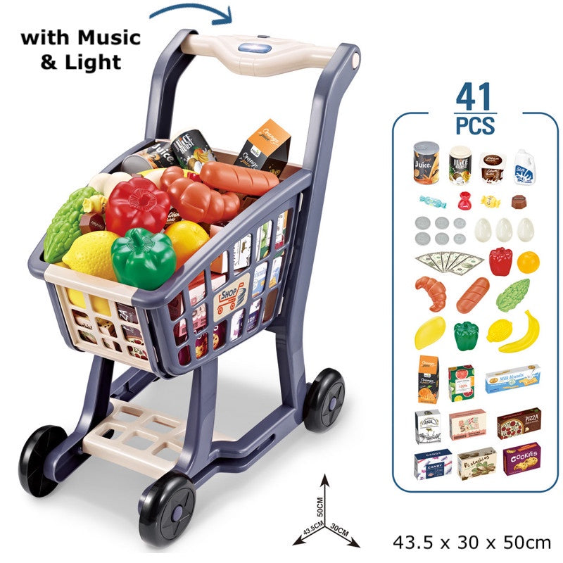 Children Pretend Play Trolley Toy Push Cart with 42Pcs Accessories