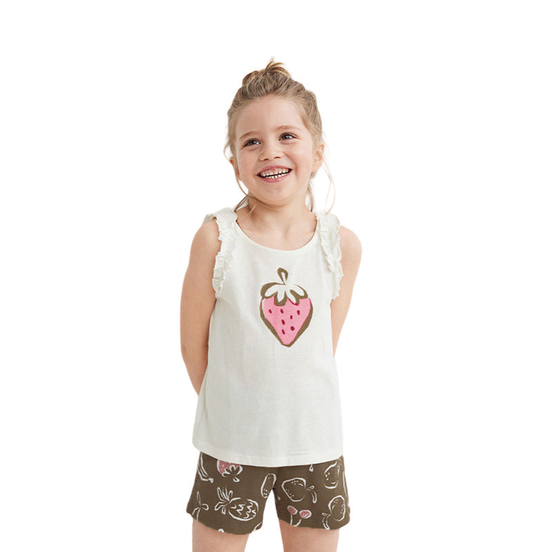 Kids Summer Sleeveless Top and Shorts Set with Strawberry Print