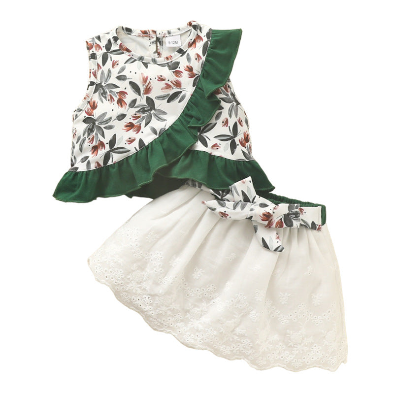 Toddler Girl Gingham Ruffle Trim Top and Ribbon Eyelet Skirt