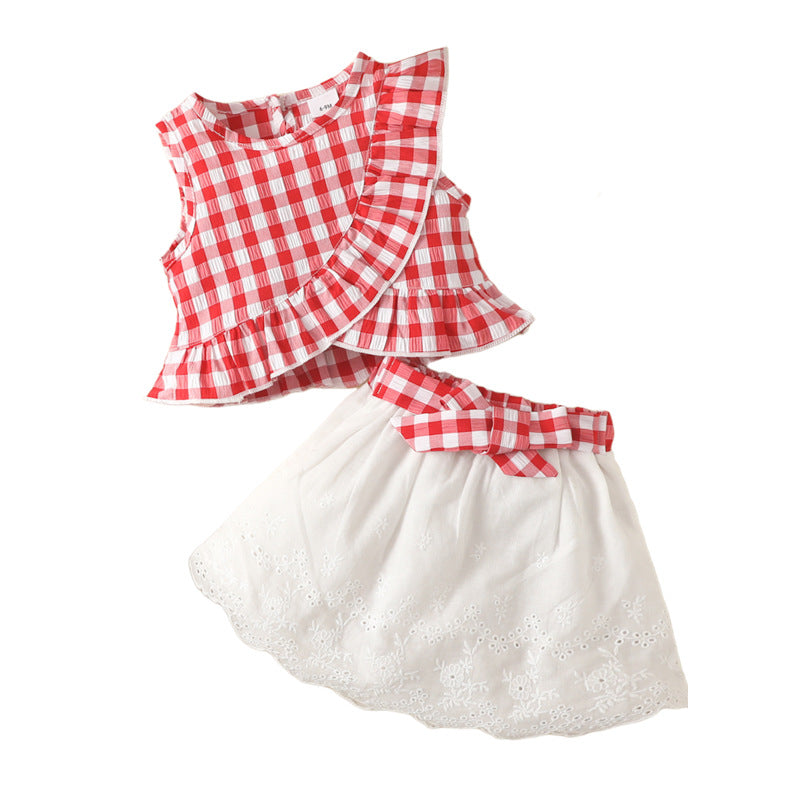 Toddler Girl Gingham Ruffle Trim Top and Ribbon Eyelet Skirt