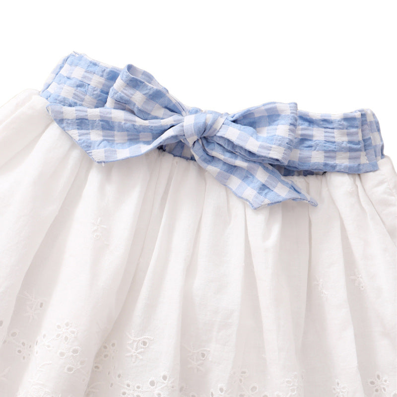 Toddler Girl Gingham Ruffle Trim Top and Ribbon Eyelet Skirt