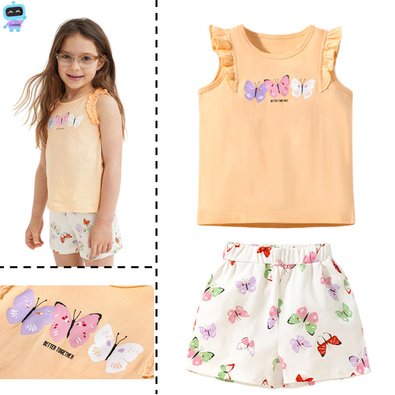 Girl Sleeveless Top and Short Set with Summer Butterfly Print