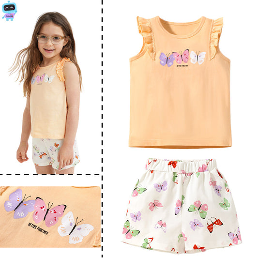 Girl Sleeveless Top and Short Set with Summer Butterfly Print