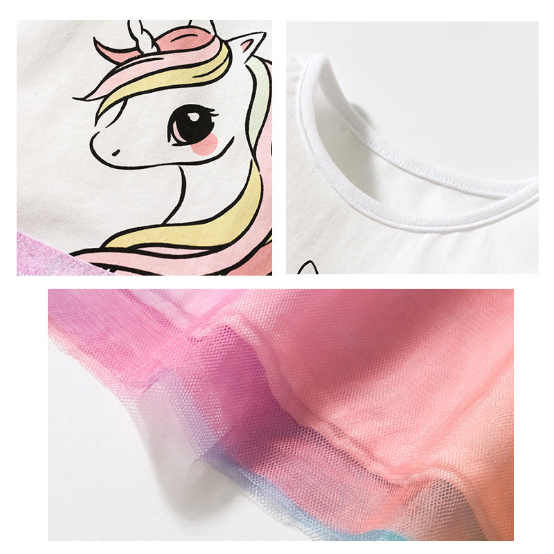 Kids Ombre Mesh Overlay Dress with Unicorn Print