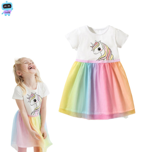Kids Ombre Mesh Overlay Dress with Unicorn Print