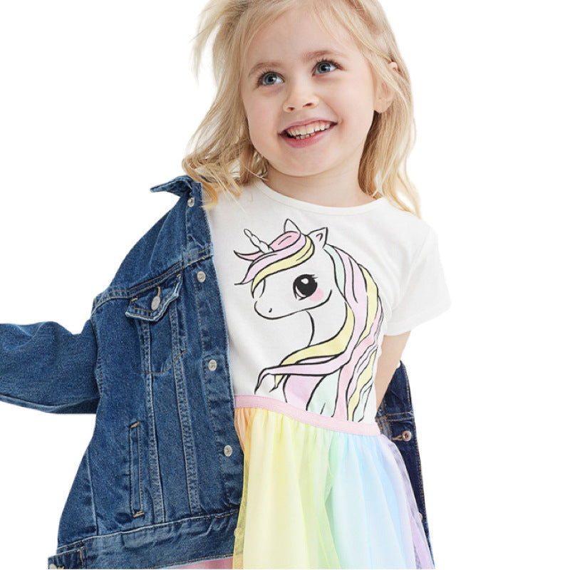 Kids Ombre Mesh Overlay Dress with Unicorn Print