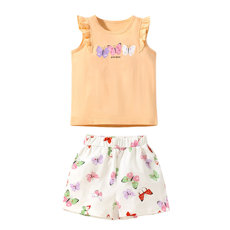 Girl Sleeveless Top and Short Set with Summer Butterfly Print