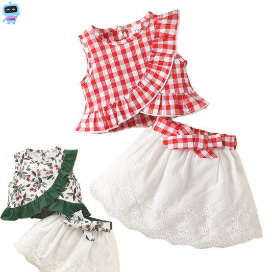 Toddler Girl Gingham Ruffle Trim Top and Ribbon Eyelet Skirt