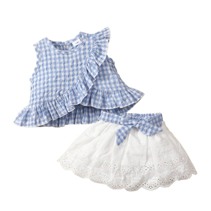 Toddler Girl Gingham Ruffle Trim Top and Ribbon Eyelet Skirt