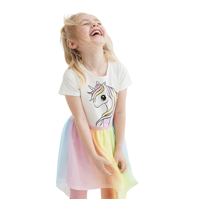 Kids Ombre Mesh Overlay Dress with Unicorn Print