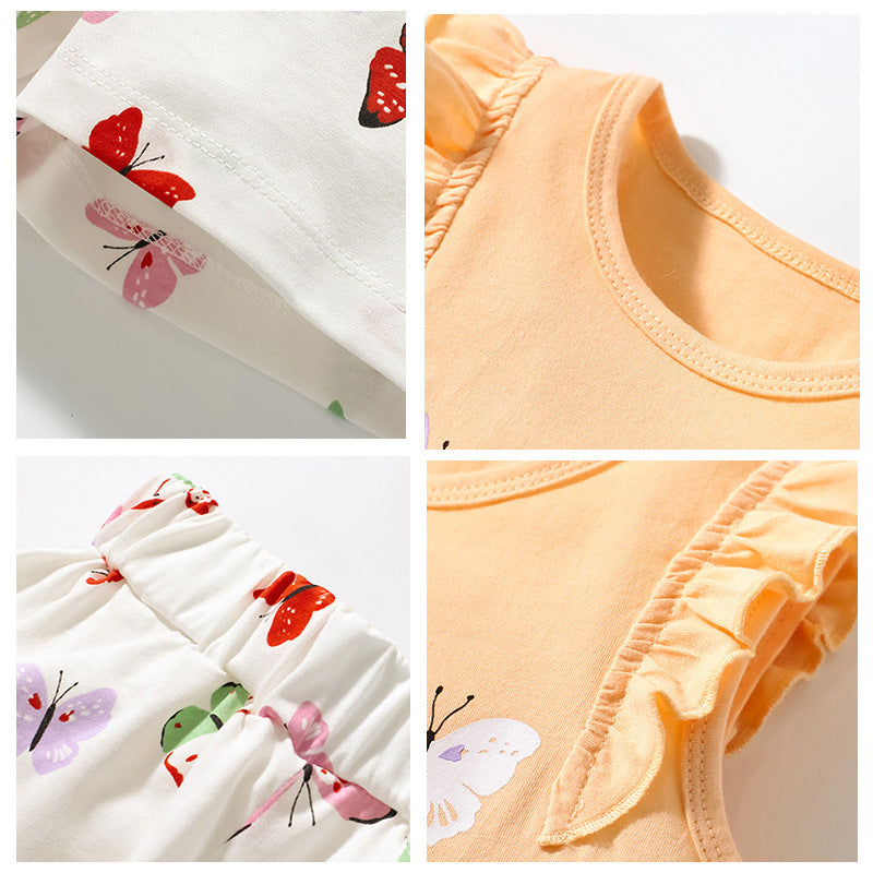 Girl Sleeveless Top and Short Set with Summer Butterfly Print