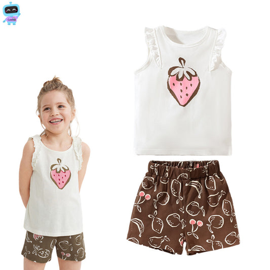 Kids Summer Sleeveless Top and Shorts Set with Strawberry Print