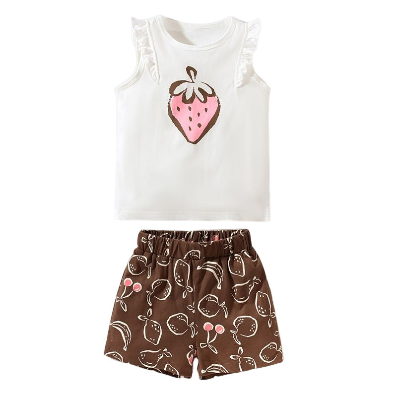 Kids Summer Sleeveless Top and Shorts Set with Strawberry Print