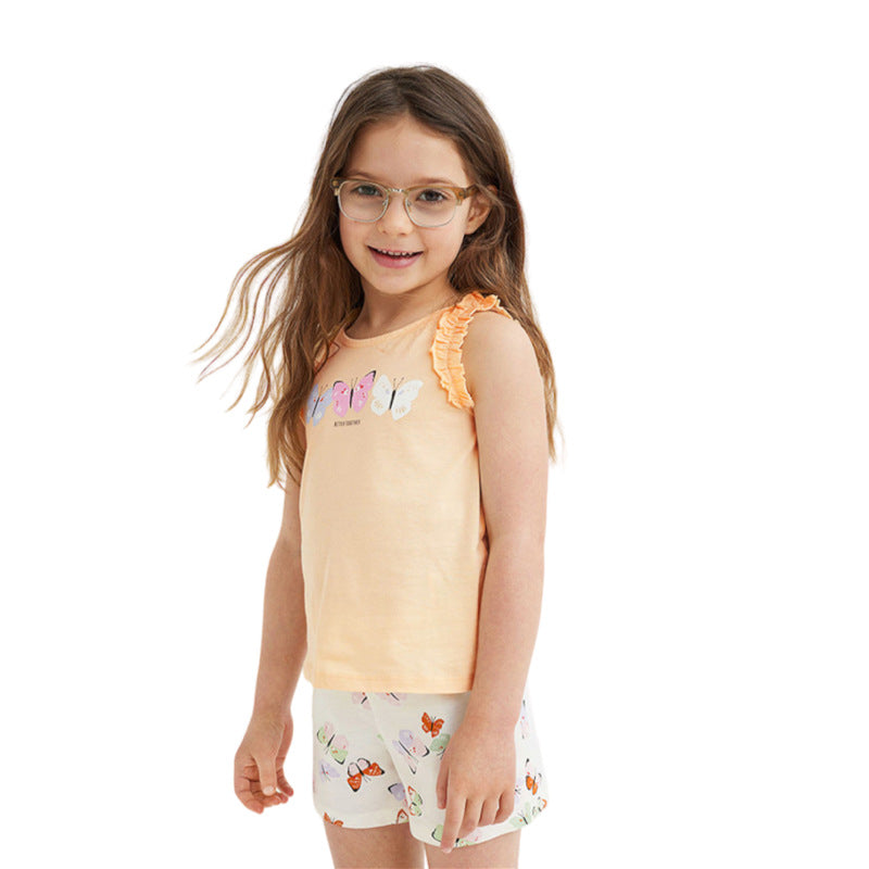 Girl Sleeveless Top and Short Set with Summer Butterfly Print