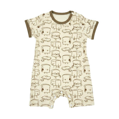 cuteboid brand baby bamboo romper with cute toast prints on white background
