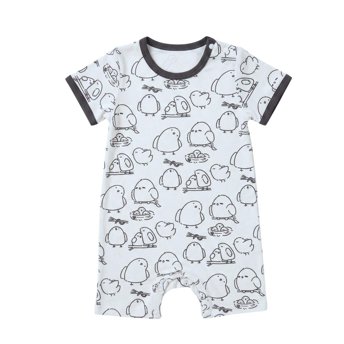 soft baby bamboo short rompers with birds design and white base, cuteboid brand