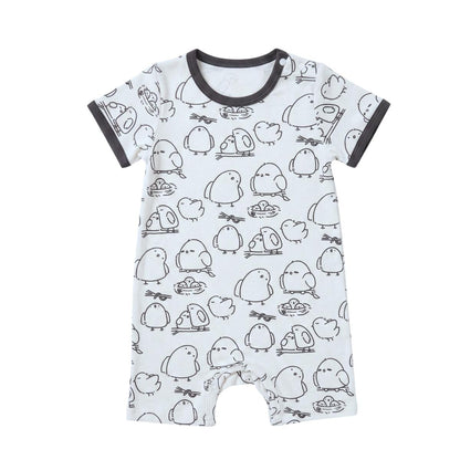 soft baby bamboo short rompers with birds design and white base, cuteboid brand