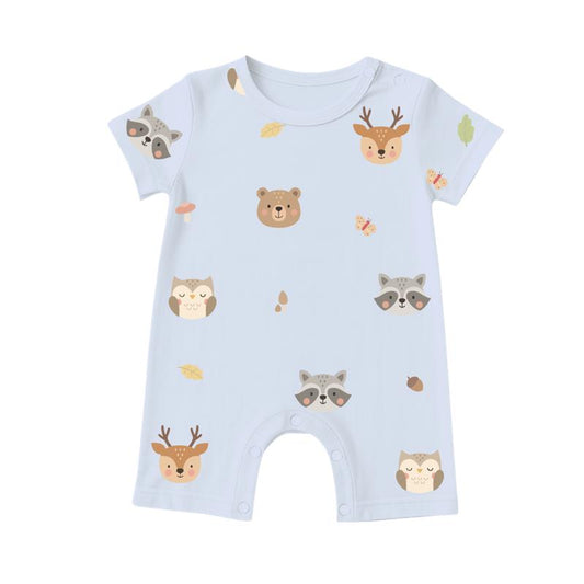 Woods Fam Blue bamboo short sleeve romper with woodland animal print for babies and toddlers
