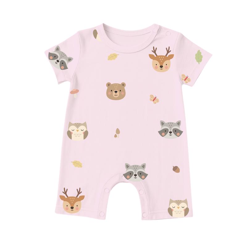 pink baby rompers featuring deer, fox, bear and owl prints, cooling fabric for sensitive skin