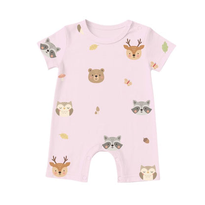 pink baby rompers featuring deer, fox, bear and owl prints, cooling fabric for sensitive skin