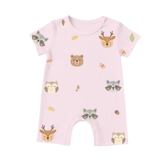 pink baby rompers featuring deer, fox, bear and owl prints, cooling fabric for sensitive skin
