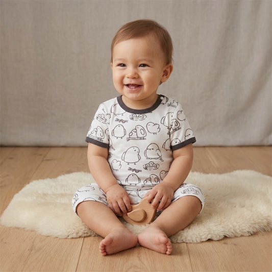 baby sitting on floor wearing bamboo short rompers cuteboid brand with cute bird prints on it