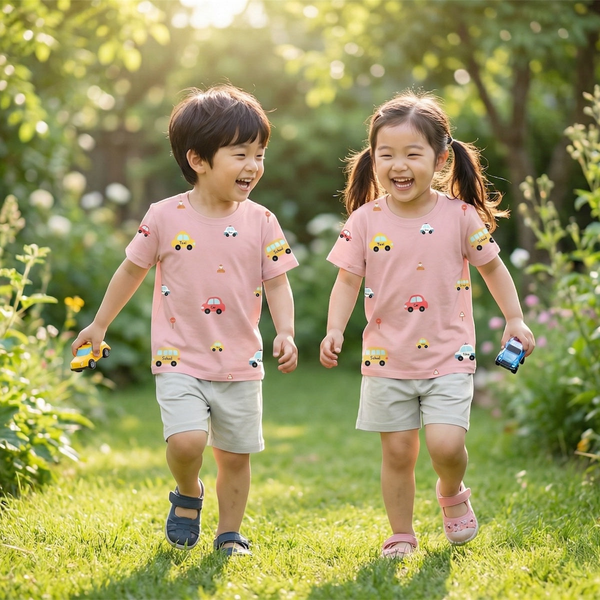two children in matching outfit, both wearing bamboo short sleeve tops with vehicle design. suitable for sensitive skin