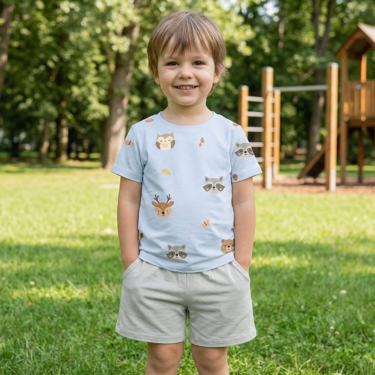 kids wearing light blue colour bamboo tshirt at a park
