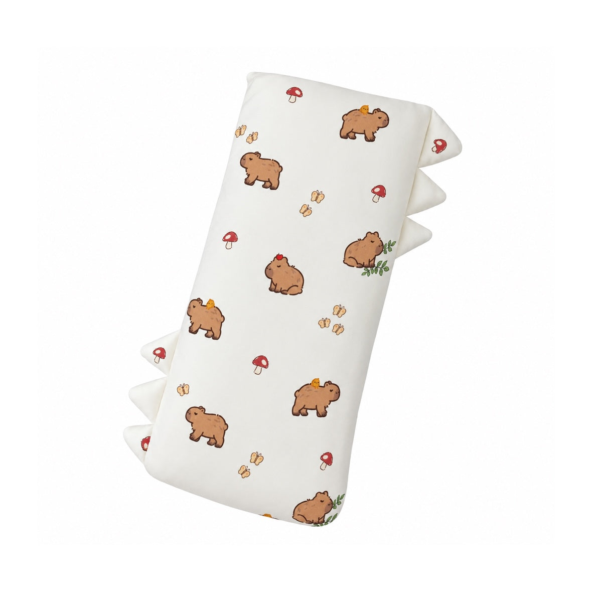Cuteboid Ultra Soft Bamboo Hugging Pillow in Capy Meadow print featuring adorable capybaras, little birds, yellow butterflies, and red mushrooms.
