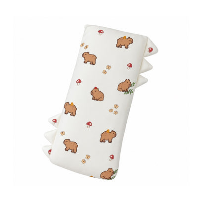 Cuteboid Ultra Soft Bamboo Hugging Pillow in Capy Meadow print featuring adorable capybaras, little birds, yellow butterflies, and red mushrooms.