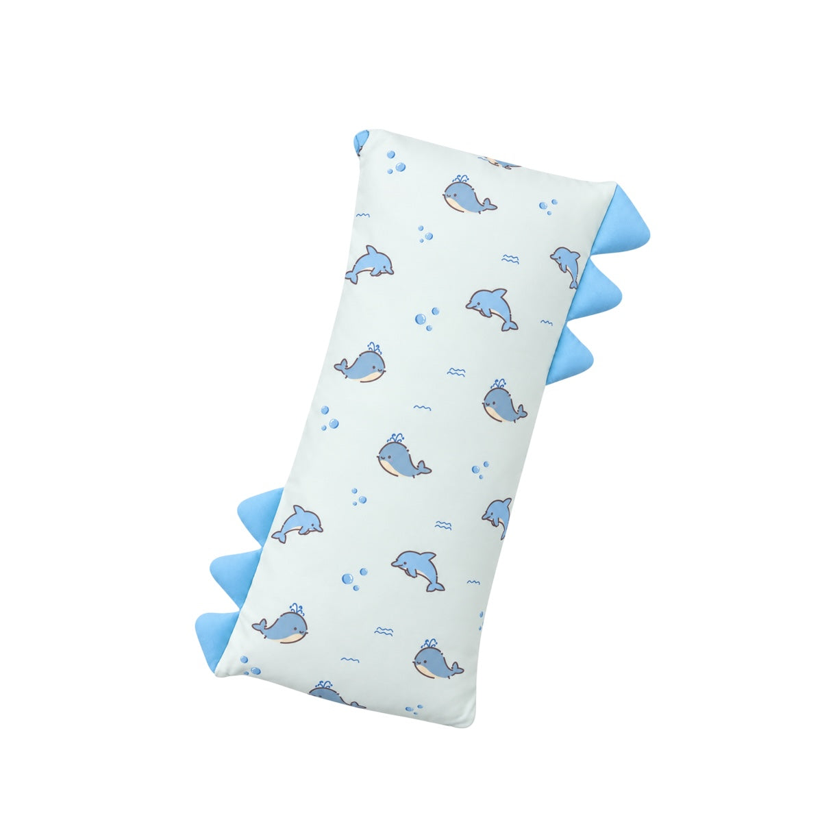 Cuteboid Ultra Soft Bamboo Hugging Pillow in Oceanboo light blue print with cute spouting whales, dolphins, water bubbles, and plush side flaps