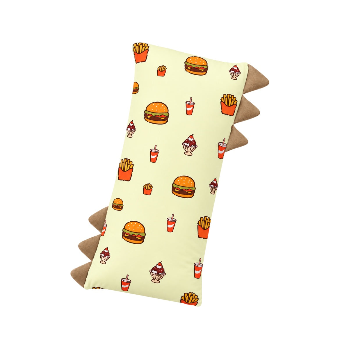 bamboo hugging pillow for baby and kids. cooling and soft material with burgers, fizzy drinks, fries and ice cream sundae prints on it.
