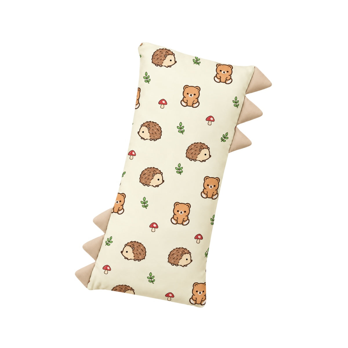 Cuteboid Ultra Soft Bamboo Hugging Pillow in Woodsy cream print with little teddy bears, hedgehogs, mushrooms, and plush side flaps