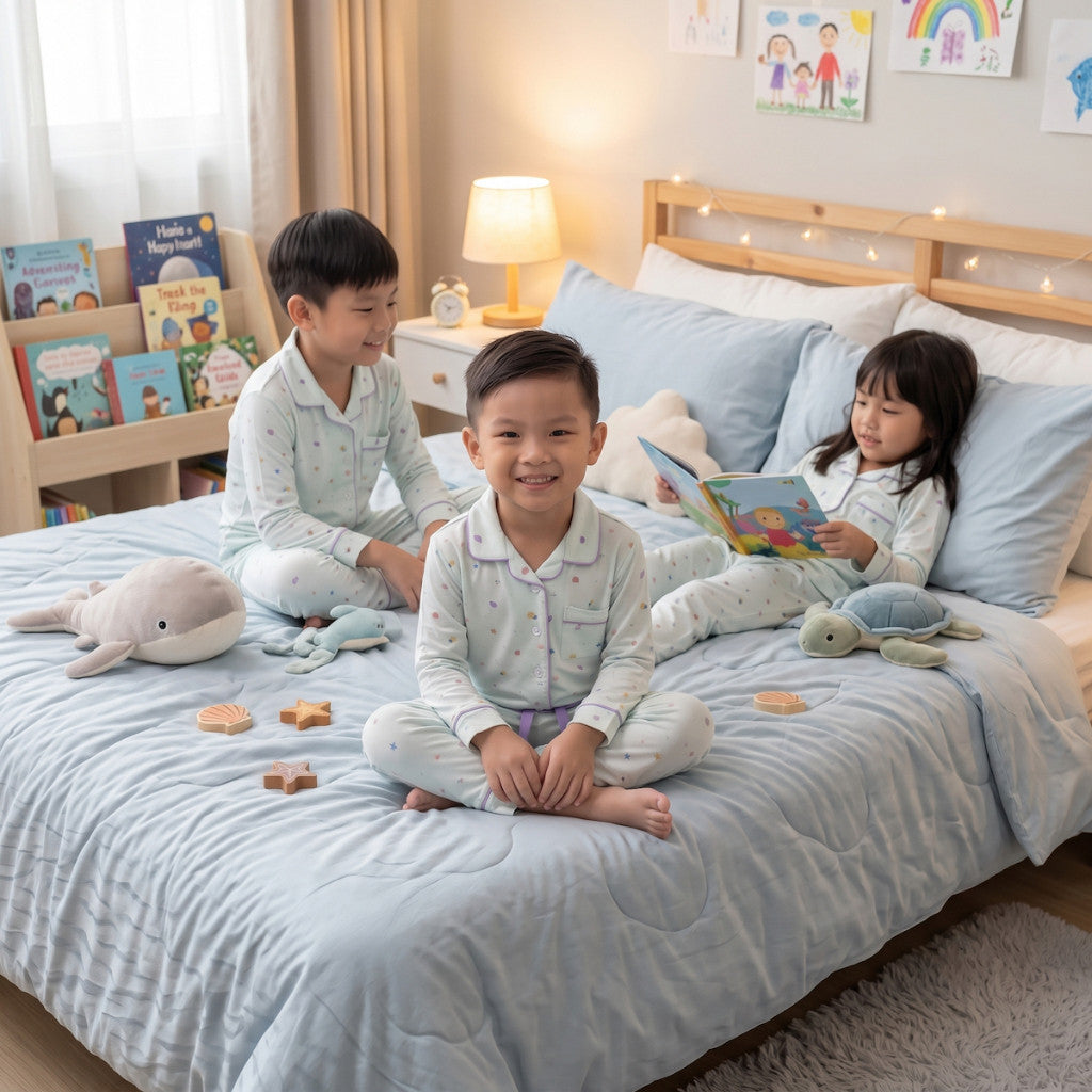 3 kids wearing cuteboid bamboo pyjamas at bedroom on the bed. the pyjamas looks soft and comfortable and its in long sleeve and long pants with collars and buttons for the tops