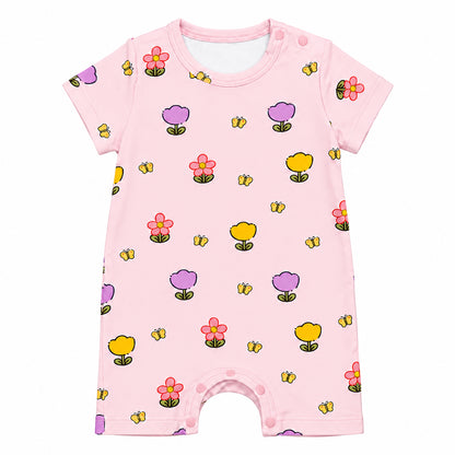 baby bamboo short romper in floral Bloomie prints. Cuteboid brand. Cooling bamboo rompers that is eczema friendly and suitable for Singapore hot and humid weather