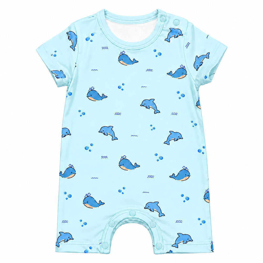 Baby bamboo short romper in blue , consist of whale and dolphin prints. Eczema friendly kids wear in Singapore
