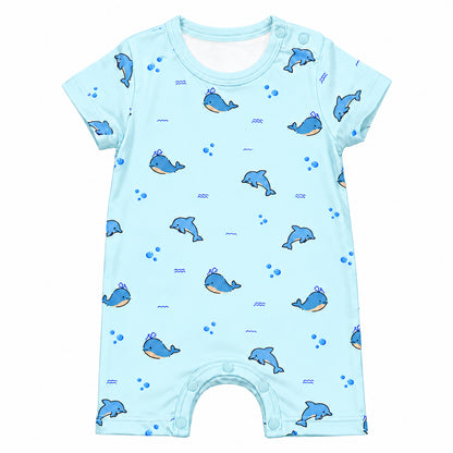 Baby bamboo short romper in blue , consist of whale and dolphin prints. Eczema friendly kids wear in Singapore