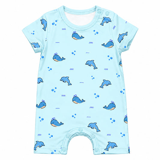 Baby bamboo short romper in blue , consist of whale and dolphin prints. Eczema friendly kids wear in Singapore
