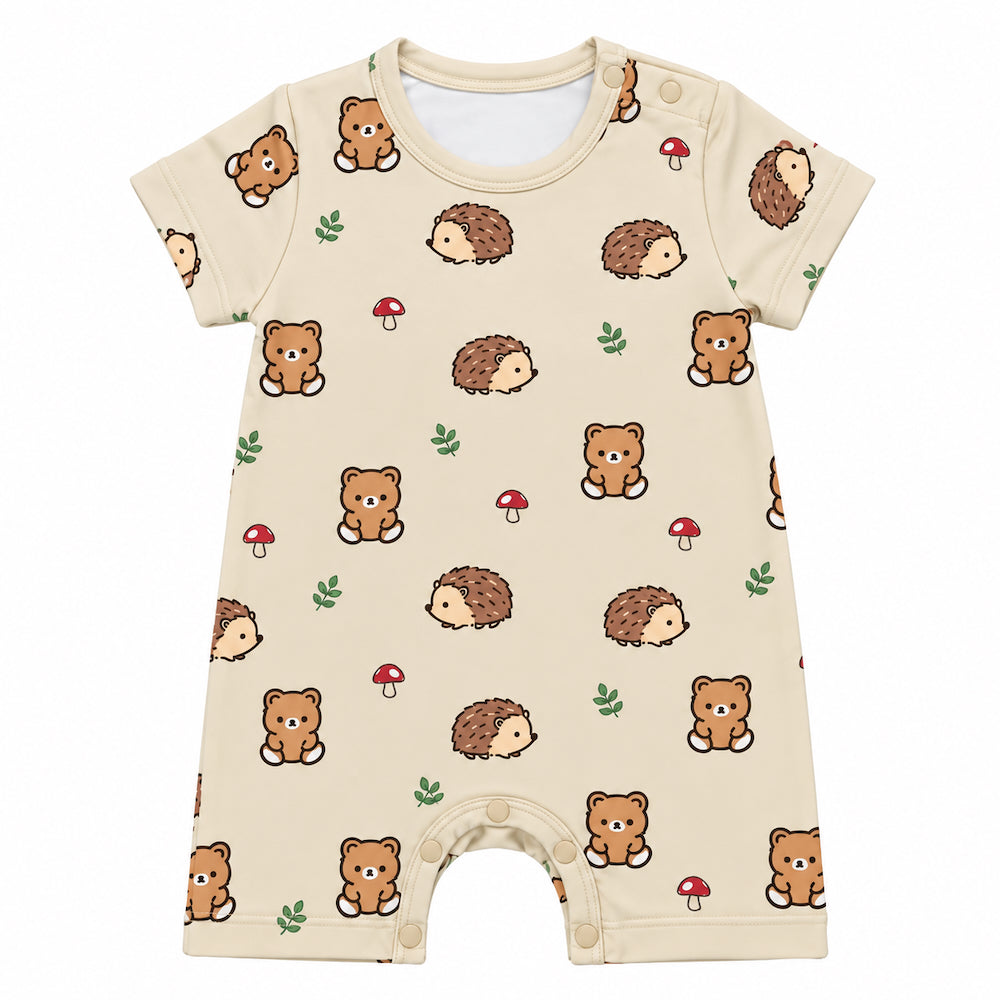 Cuteboid brand baby short rompers with bear, hedgehog and mushroom prints on it. cooling and hypoallergenic bamboo material.