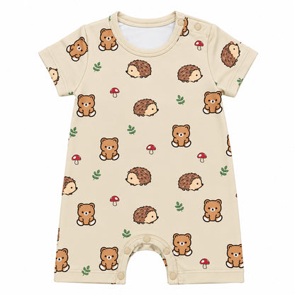 Cuteboid brand baby short rompers with bear, hedgehog and mushroom prints on it. cooling and hypoallergenic bamboo material.
